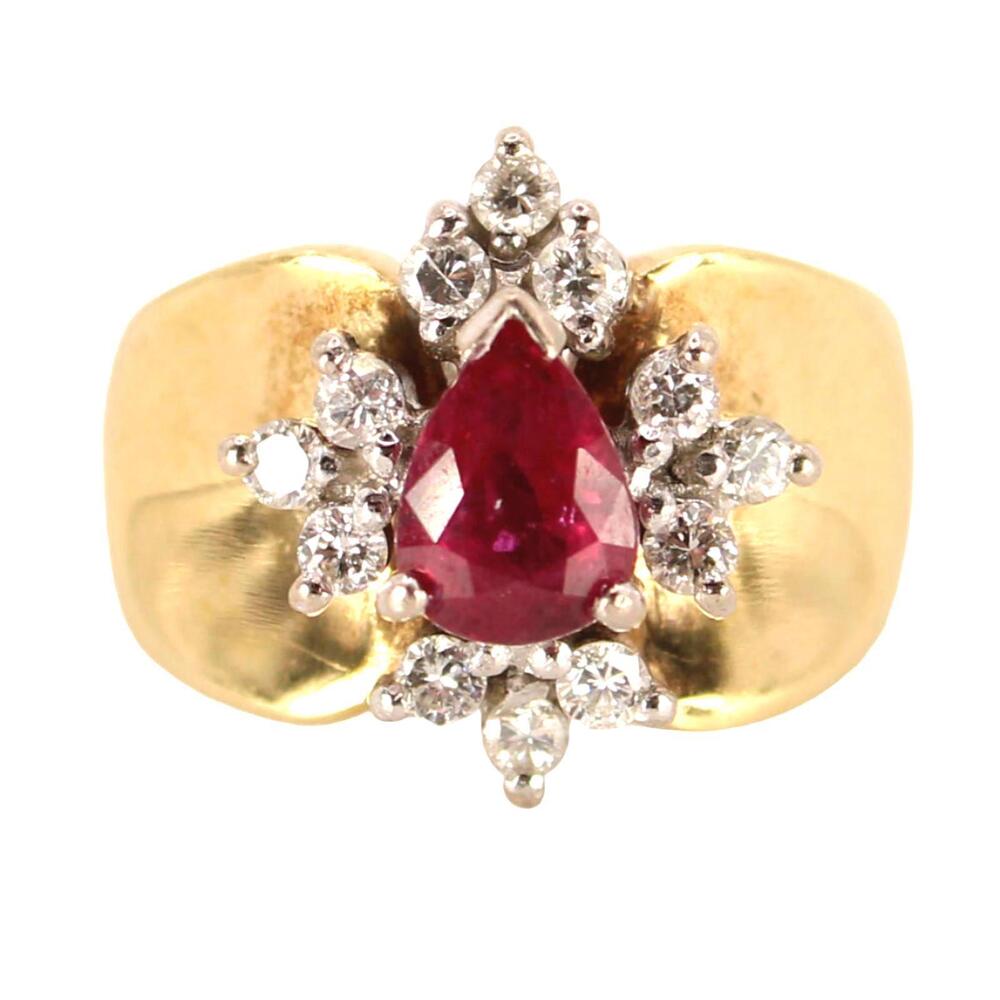 Antique 14kt Yellow Gold Natural Ruby Diamond Cocktail Ring Size 5.25